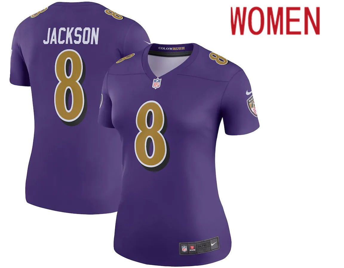 Women Baltimore Ravens 8 Lamar Jackson Nike Purple Color Rush Legend Player NFL Jersey
